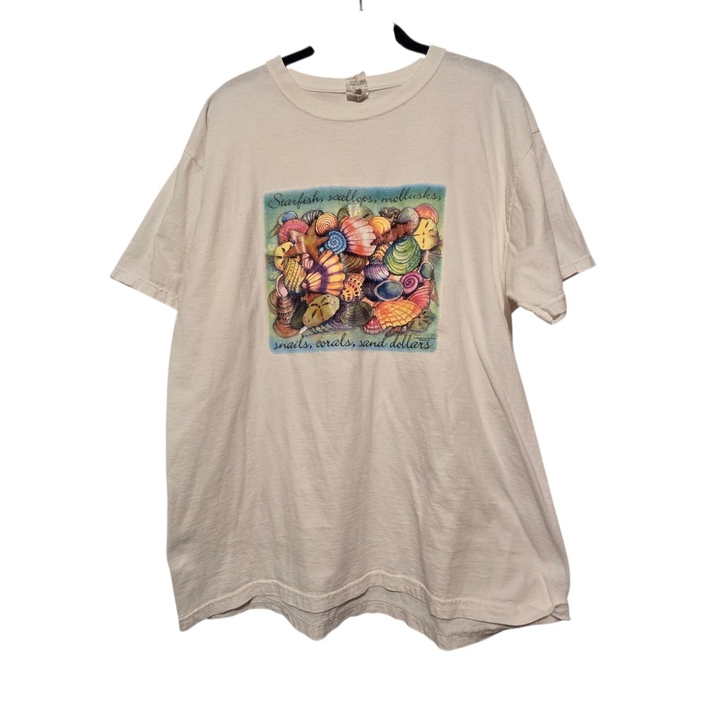 Vintage 90s Jerzees Sea Creatures Graphic T-Shirt Women LG Beach McKenna Glitter